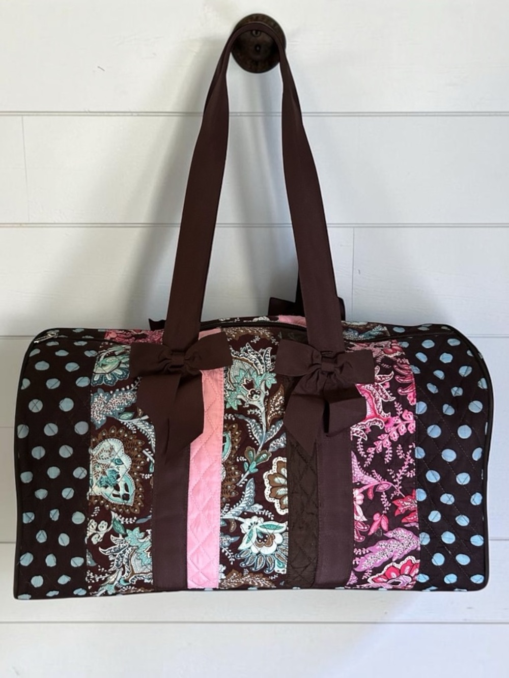 Belvah Quilted Large Brown Duffle Tote Bag Blue Polka Dots Pink with Accent Bows
